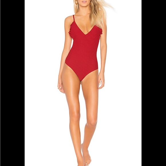 Made By Dawn Revolve Red Butterfly Root Ribbed Ruffle One Piece Swimsuit NWT S - Picture 2 of 16